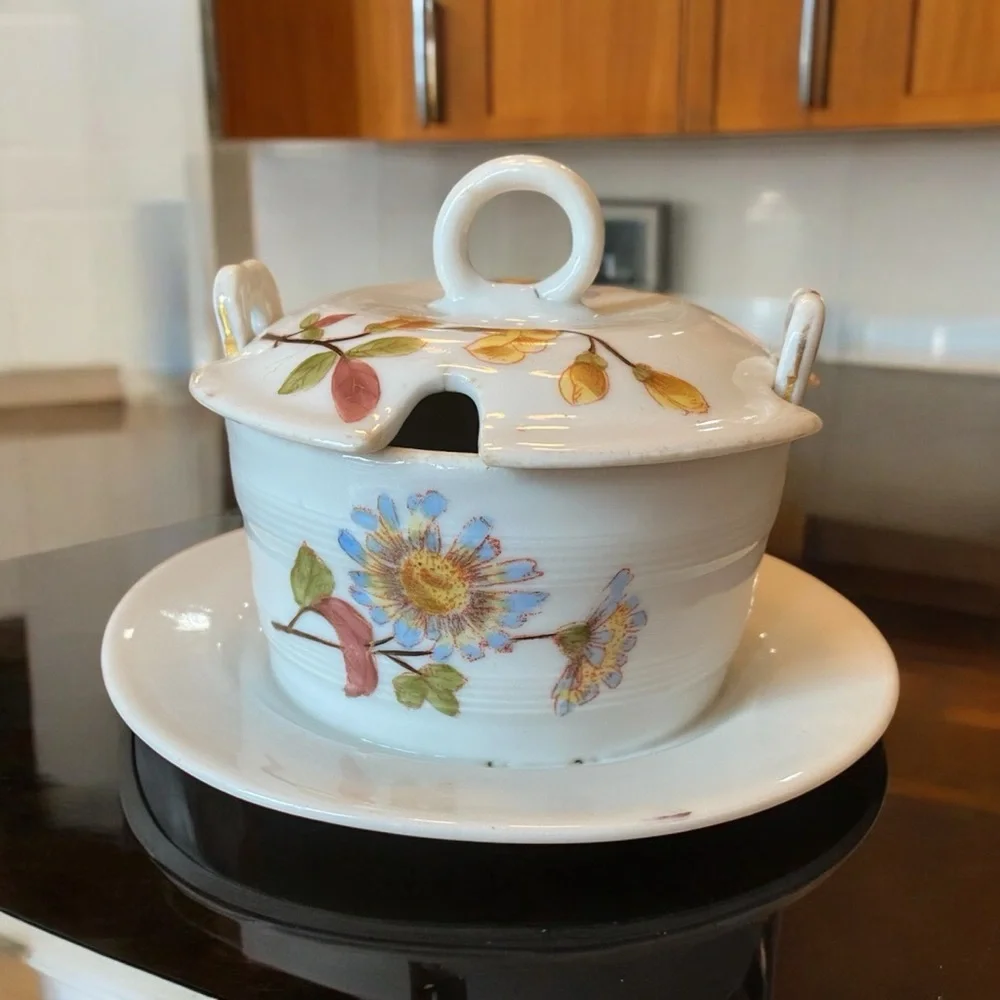 Antique Marx & Gutherz Carlsbad Austria Porcelain Sugar Bowl Lid Saucer Flower